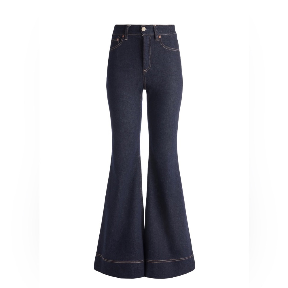 Alice and Olivia high rise flare jeans in Dark Rinse color, size 28. Inseam 35.